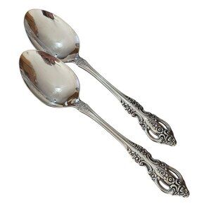 2 Oneida Renoir Pembrooke Serving Spoons 8.5" SS pierced 90s vtg Baroque flaw